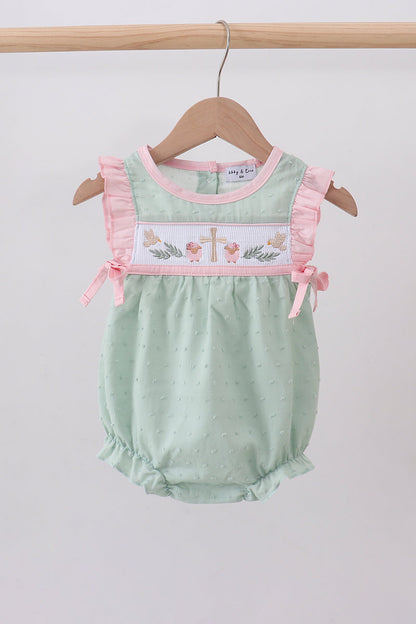 Green swiss dot cross sheep ruffle bubble