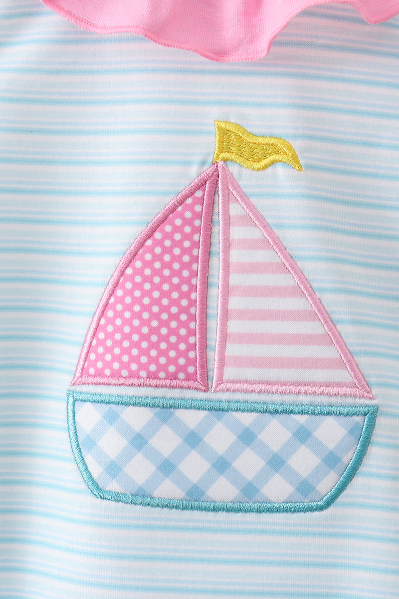 Blue sailboat applique ruffle bubble