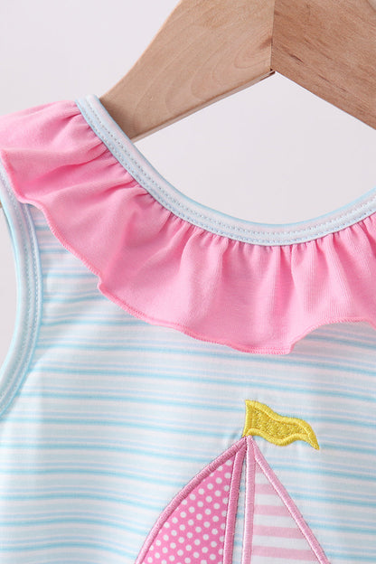 Blue sailboat applique ruffle bubble
