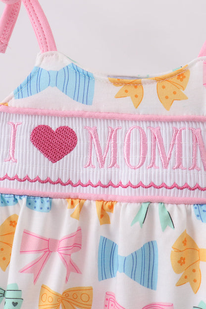 Pink bow I love MOMMY smocked bubble