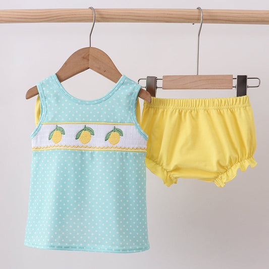 Summer lemon smocked bow bloomer set