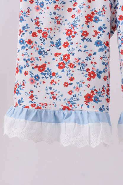 Blue floral lace smocked ruffle jumpsuit