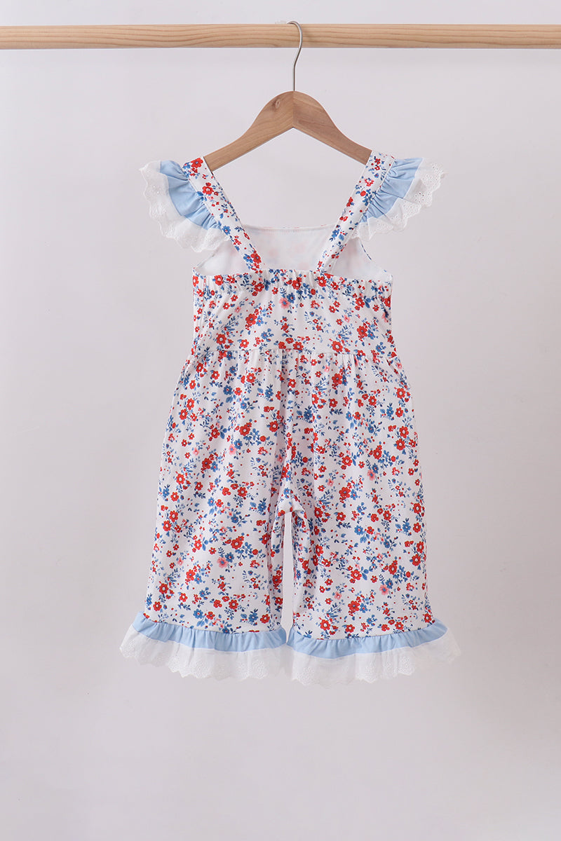 Blue floral lace smocked ruffle jumpsuit