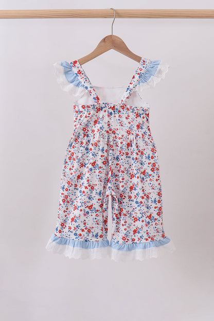 Blue floral lace smocked ruffle jumpsuit