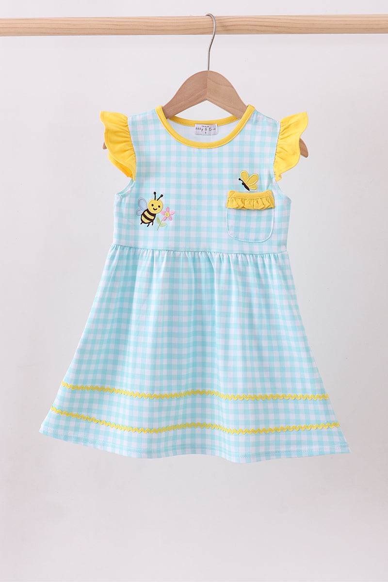 Blue gingham butterfly & bee pocket flutter dress