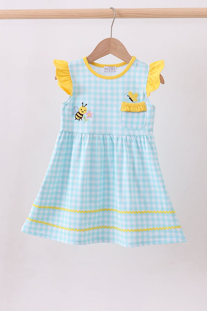Blue gingham butterfly & bee pocket flutter dress
