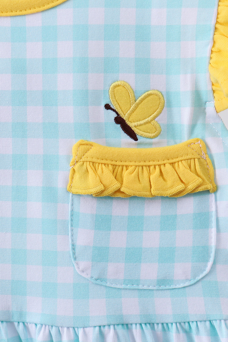 Blue gingham butterfly & bee pocket flutter dress